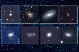 Eight inset photos of black holes on starry background.